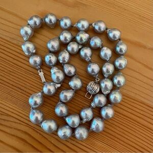 Baroque Silver-Blue Pearl Necklace With 14k White Gold Clasp